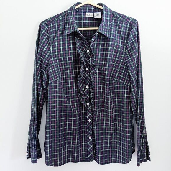 LL Bean Women's Ruffle Front Button Plaid Shirt - Picture 3 of 6
